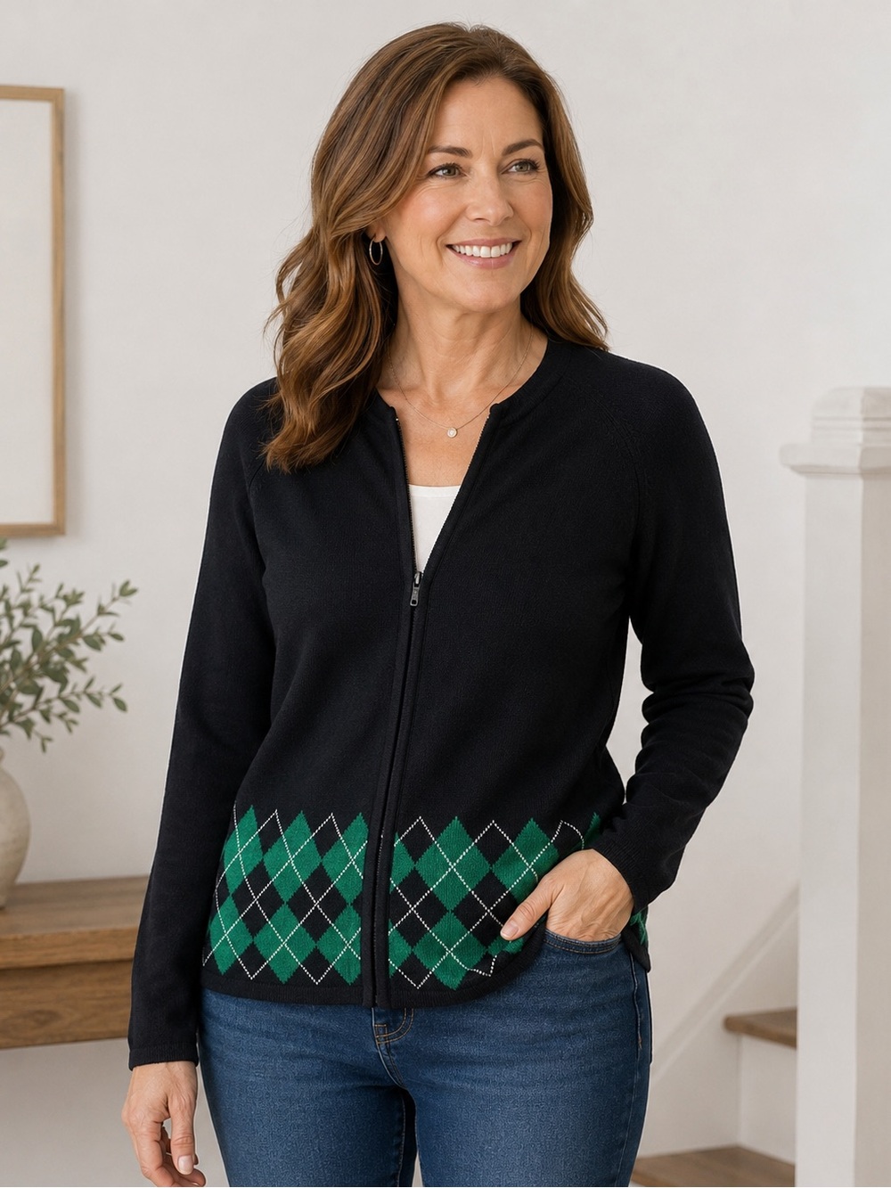 Vintage Pendleton Black Cardigan Sweater Full Zip Green Argyle Silk Blend MP